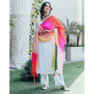 Conjunto de Traje de Chifón para Mujer Chaaya, Blanco, 100% Poliéster, Transpirable, Estampado por Sublimación, Elegante, Estilo Étnico, Kurta, Dupatta, para Fiesta - Product Image 2