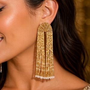 Rizir Fashion – Boucles d'oreilles pendantes géométriques plaquées or 14 carats, faites à la main, avec franges perlées et longues pampilles, pour femme, idéales pour les fêtes et mariages - Product Image 4
