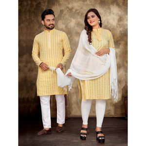 TISSU DE COTON DE LIN PREMIUM AVEC TOP À TISSER COLORÉ ET KURTA COURT PRÊT À PORTER JAUNE - Product Image 1