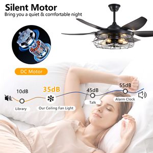 Ventilatore da soffitto moderno industriale da 52 pollici con design a gabbia e luce, 6 pale, velocità regolabile per soggiorno e camera da letto, nero - Product Image 5