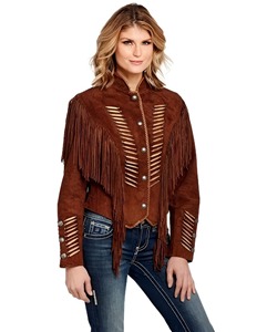 <b>Womens</b> Vintage <b>Brown</b> Suede Leather Fringe <b>Jacket</b> with Braided Details Western Style - Product Image 1
