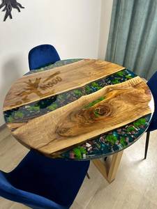 Modern River Moss Wooden <b>Dining</b> <b>Table</b> <b>Round</b> Solid Wood Epoxy Resin Art <b>Table</b> Natural <b>Walnut</b> Style for Home & Restaurant - Product Image 3