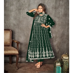 Traje Anarkali verde para mujer, el más vendido, para bodas y fiestas, manga 3/4, tela de red y santoon, semicosturado. - Product Image 1