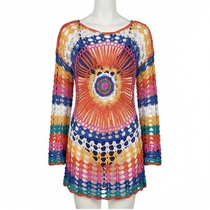 Colorful <b>Crocheted</b> Hollow 2 Set Women Deep V Neck <b>Long</b> Sleeve Geometric Pattern Handmade Acrylic Breathable Beachwear <b>Skirt</b> - Product Image 1