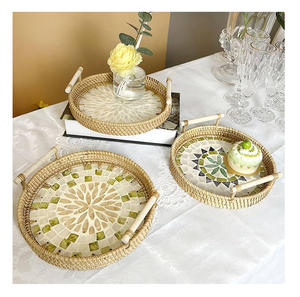 Bandeja de Mimbre Natural de Moda, Juego de 3 Piezas de Diferentes Tamaños con Incrustaciones de MOP para Mesa de Café, Bandeja para Guardar Tazas de Té y Café - Product Image 2