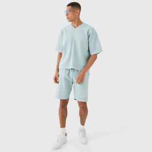 Conjunto de camiseta y pantalones cortos de algodón para hombre, color azul claro, cuello en V, transpirable, informal, para verano, de color sólido, tejido, de dos piezas. - Product Image 1