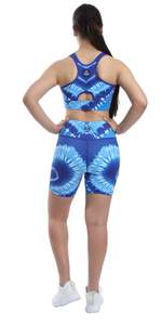 Shorts de sport pour femme à taille basse, imprimé floral bleu, séchage rapide, respirant, en coton et élasthanne tricoté, coupe classique, avec cordon de serrage - Product Image 3
