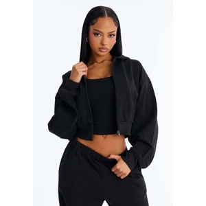 Sudadera de punto negra extragrande con capucha y hombros caídos para mujer, con cremallera frontal, ideal para otoño - Product Image 1