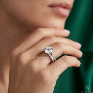 Bague de fiançailles en diamant de laboratoire rond certifié IGI, à double sangle pavée de diamants, en or blanc 9K, 10K, 14K, 18K pour femme - Product Image 6