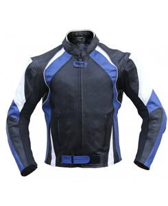 Veste d'hiver pour homme en cuir véritable de qualité supérieure, noire avec empiècements bleus, respirante, fermeture éclair, style urbain, couleur unie, coupe basse - Product Image 5