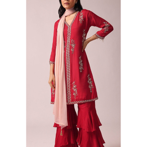 Ensemble Kurta Sharara brodé rouge pour femme avec dupatta – Robe ethnique pour fêtes et occasions spéciales - Product Image 4