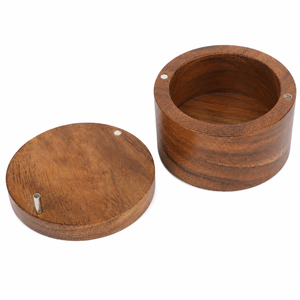 Custom Logo Acacia Wood Salt Cellar Round Wooden Salt <b>Box</b> with Magnetic Removable Lid OEM ODM Manufacturer - Product Image 5