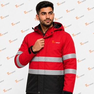 Men's <b>Red</b> High Visibility Hooded <b>Jacket</b> Reflective Stripes Zipper Closure <b>Waterproof</b> Windproof Reversible Design for Workwear - Product Image 3