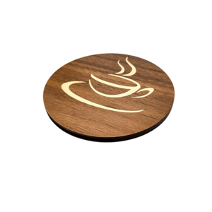 Premium Handcrafted <b>Wooden</b> Coaster <b>Set</b> Of 6 With Elegant Coffee Cup Engraving Round <b>Tea</b> Cup Mats & Decorative Tabletop Protect - Product Image 1