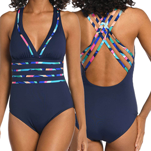 Women One Piece Swimsuit Striped Scoop Neck High Waist Quick Dry Spandex Polyester Swimwear - Product Image 6