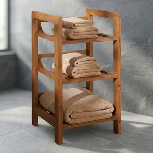 Étagère de rangement à 3 niveaux en bois de manguier, design minimaliste, organisateur gain de place pour salle de bain, cuisine, salon, porte-serviettes en bois - Product Image 5