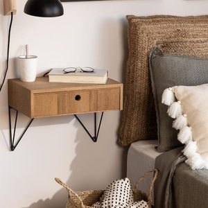 <b>Wall</b> Mounted Nightstand Side Table Acacia Wood Bedside <b>Cabinet</b> With Drawers <b>Metal</b> Hairpin Legs for Bedroom - Product Image 2