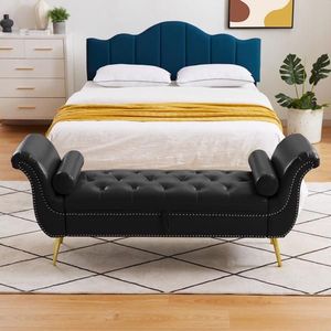 Otomana de Cuero Sintético Negro para Dormitorio, Banco de Almacenamiento con Tapa Abatible y Patas Metálicas, Otomana Tapizada - Product Image 1