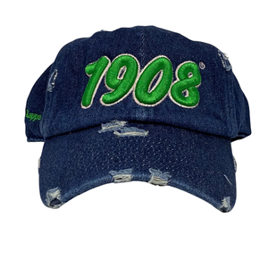 AKA 1908 Dark Denim <b>Hat</b> Green Embroidered Letter Baseball <b>Cap</b> Adjustable Washed Denim Headwear Casual Fashion Vintage Style <b>Cap</b> - Product Image 1