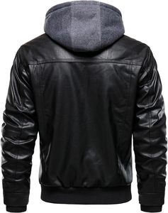 <b>Men</b> Black PU <b>Leather</b> Moto Biker <b>Jacket</b> Hooded Zipper Front Solid Color Winter Slim Fit Regular Sleeve Windproof - Product Image 2