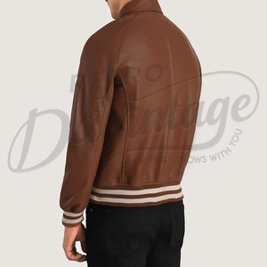 Chaqueta Bomber de Cuero Genuino Marrón para Hombre con Cuello Clásico de Camisa y Puños Acanalados a Rayas, Prenda Deportiva de Cuero Completo de Primera Calidad - Product Image 2