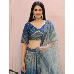Dazzling Blue Chinon <b>Sequin</b> <b>Party</b> Wear Lehenga Choli - Product Image 1