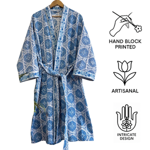 Albornoz de algodón gofrado estampado a mano en azul y blanco, largo, tipo kimono, para spa, hogar, hotel, playa, para mujer y hombre, venta al por mayor, personalizado, B2B - Product Image 2