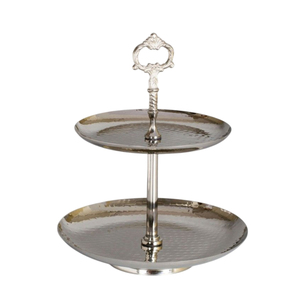 ขาตั้งเค้กอลูมิเนียมสีเงิน 2 ชั้น ดีไซน์หรูหราทันสมัย พร้อมผิวลายนูน สำหรับตกแต่งและเสิร์ฟขนมหวาน มีจำหน่ายแล้ว - Product Image 1