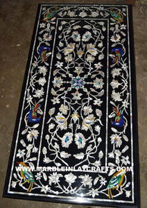 Tablero de mesa de comedor hecho a mano con incrustaciones de mármol negro para un hermoso diseño de incrustaciones de mármol negro natural, decoración para hoteles y restaurantes. - Product Image 4