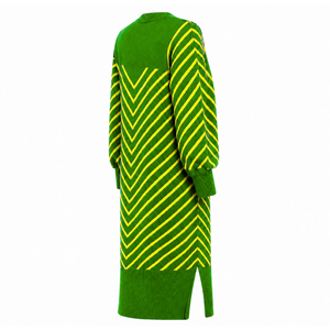 Chi Eta Phi Women's Longline Open Front <b>Cardigan</b> Green Yellow Striped Ribbed Cuffs Embroidered Duster <b>Sweater</b> With Side Slits - Product Image 4