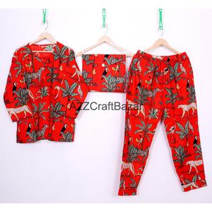 Pyjama en coton tricoté à imprimé floral pour femme, hiver, manches trois quarts, taille élastique, longueur intégrale, décontracté, romantique, luxueux, doux - Product Image 1