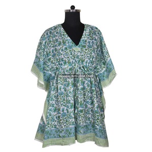 Caftán de Algodón Estampado a Mano XL, Jalabiya India Hecha a Mano, Moda Dubái KFCS106, Abaya Caftán con Mangas Cortas, Diseño Maxi - Product Image 6
