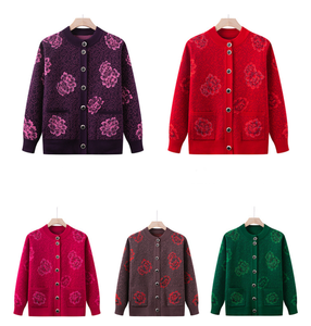 Pull/Cardigan tricoté vintage brodé floral automne/hiver pour femme d'âge moyen et âgée, 100 % polyester épais - Product Image 6