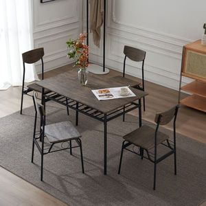 Juego de Mesa y Sillas de Comedor Rectangulares Marrones con Desmontaje y Montaje, Tablero P2, Compartimento de Hierro, 1 Mesa y 4 Sillas - Product Image 2