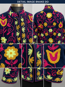 เสื้อเบลเซอร์ปักกำมะหยี่ผู้หญิง คอจีน ลายดอกไม้ เสื้อคลุมฤดูใบไม้ร่วง แขนยาว งานฝีมือ สไตล์ดั้งเดิม - Product Image 5