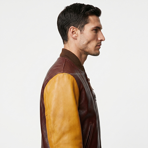 Chaqueta Varsity Casual de Invierno de Cuero Vacuno Natural con Cuello Alto, Estilo Béisbol Letterman, Marrón Dorado, Personalizada al por Mayor - Product Image 2
