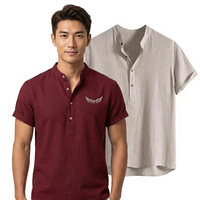 Chemise à manches courtes en lin et coton pour homme, col en V, logo brodé, coupe décontractée, respirante, couleur unie