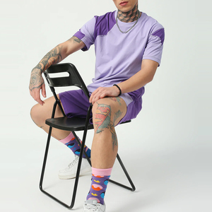 Ensemble T-shirt à manches courtes col rond et short pour homme, couleur violette, coupe ample, respirant, tenue décontractée d'été - Product Image 6