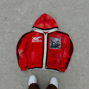 Sweat à capuche zippé triple couche personnalisé style streetwear, délavé à l'acide, vintage, coupe ample et carrée, effet usé, avec strass - Product Image 4