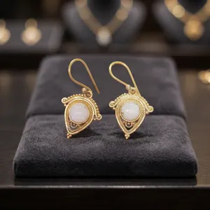 Natural Moonstone Brass Earrings | Handmade Gemstone Dangle Earrings - Product Image 3
