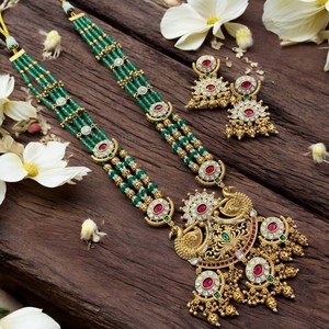 Conjunto de Collar y Pendientes de Pavo Real Chapados en Oro Étnico para Mujer, Joyería Nupcial con Cuentas Verde Esmeralda para Bodas y Fiestas - Product Image 2