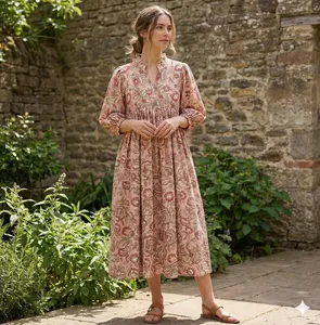 Vintage Floral Block Print Cotton Midi <b>Dress</b> with Puff Sleeves V-Neck <b>Loose</b> Fit Casual Summer <b>Dress</b> For Women - Product Image 3