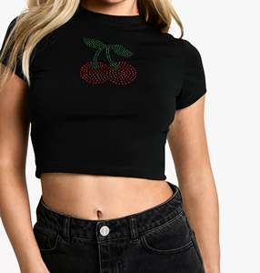 Hot Sale Women’s Crop <b>Top</b> Soft Cotton Spandex Round Neck Cherry Rhinestone Print Cropped T Shirt - Product Image 6