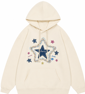 เสื้อฮู้ดดี้ทรงโอเวอร์ไซส์แบบยูนิเซ็กซ์ แต่งลายดาวสีครีม มีกระเป๋าจิงโจ้ รับผลิตโลโก้ตามสั่ง ขายส่ง - Product Image 5