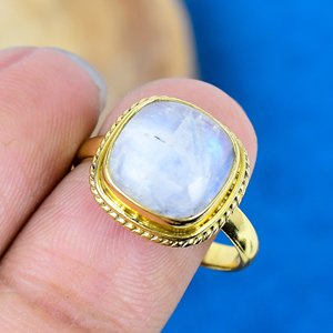Natural Rainbow Moonstone Cushion Shape Gemstone <b>Ring</b> 18k Gold Micron Over 925 Sterling Silver - Product Image 4