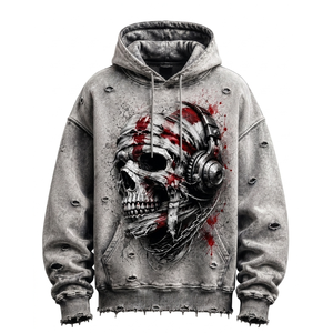 Sweat-shirt à capuche personnalisé pour homme, en coton épais, délavé à l'acide, effet vieilli et déchiré, avec motif crâne et écouteurs, coupe oversize, style vintage grunge - Product Image 1