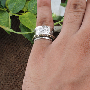 Wholesale Women's 925 Sterling Silver Mixed Metal Amethyst <b>Spinner</b> <b>Ring</b> Floral Embossed Base Beaded Brass Double Band Anti Party - Product Image 6