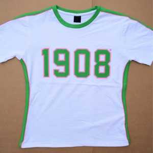 Chemise blanche haut de gamme pour femme, imprimé lettres grecques, bordure verte et rose, col rond, haut décontracté de qualité supérieure pour sororité, 1908 - Product Image 2