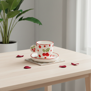 Tasse et soucoupe en porcelaine fine de qualité supérieure 3460984A-0.2 NOUVEAU, motif Poinsettia et points rouges estampés - Product Image 3