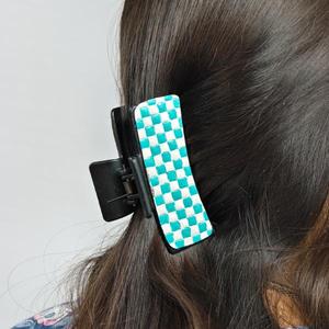 Fashionable Plastic Hair <b>Clip</b> With Blue And White Checkerboard Pattern For Women's Hair Accessories - Product Image 1
